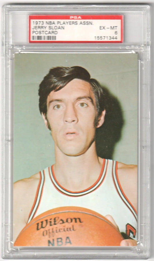 PSA-graded Jerry Sloan 1973 NBA Players Association postcard in white jersey with basketball