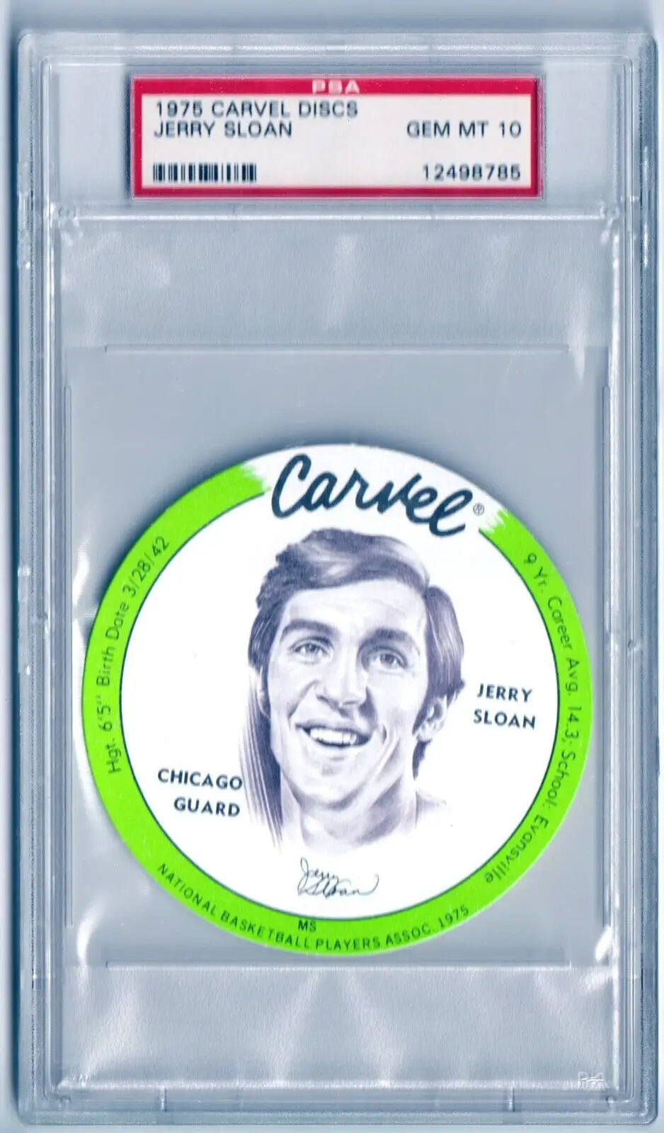 PSA-graded 1976 Carvel Disc Jerry Sloan basketball card with green border, box free shipping