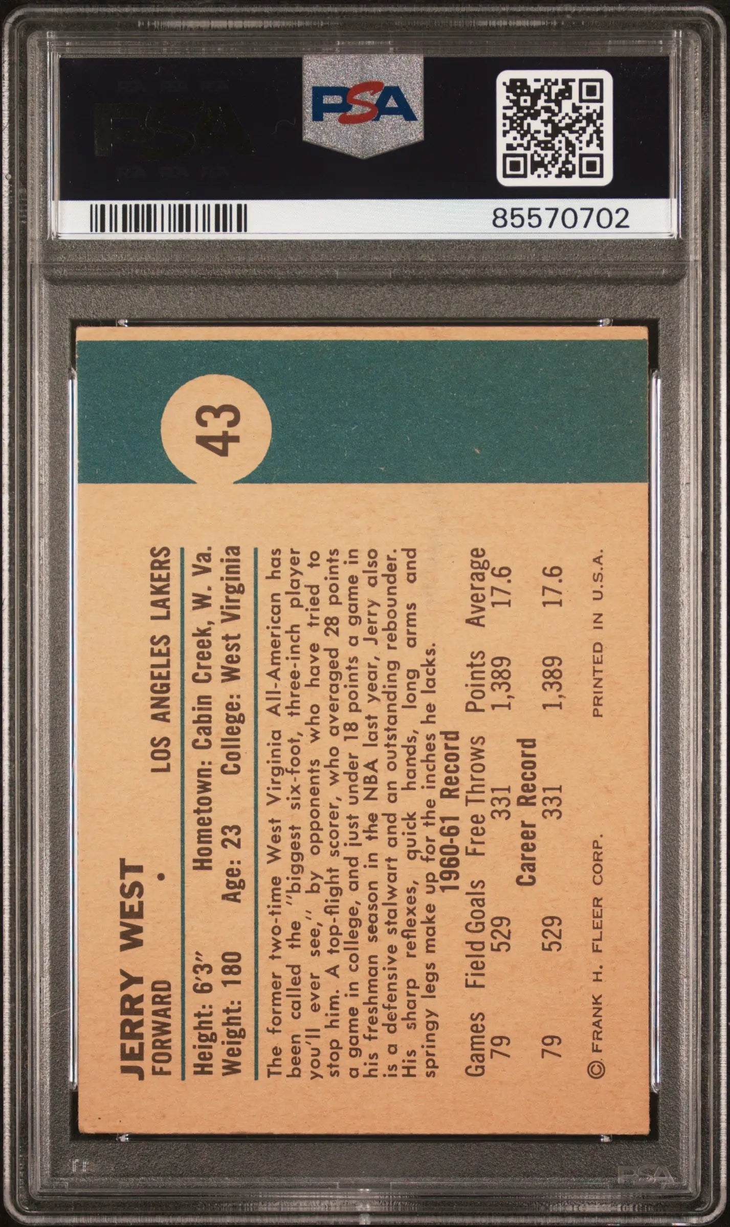 Jerry West 1961 Fleer #43 PSA 4 Vg-Ex vintage baseball card in protective holder