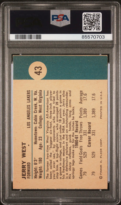 PSA-graded back of Jerry West 1961 Fleer #43 baseball card with stats and biography