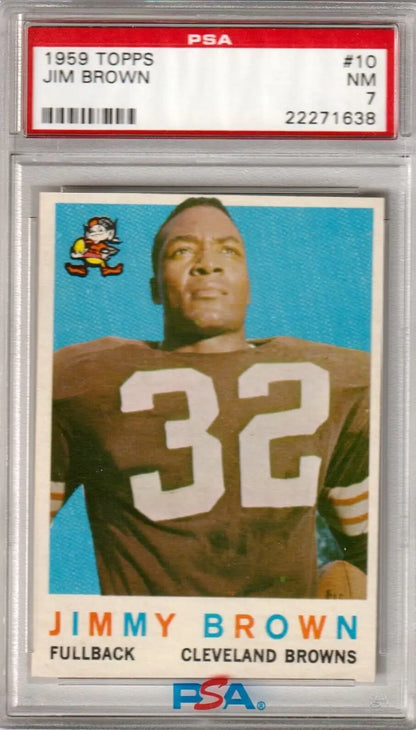 PSA-graded 1959 Topps Jim Brown football card in brown uniform, single cards from Columbia Hobby