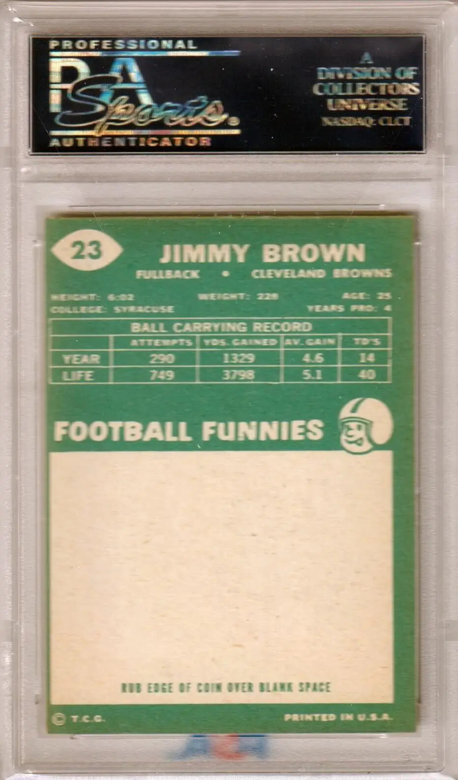 Vintage Football Funnies trading card of Jim Brown in protective holder for sale at Columbia Hobby