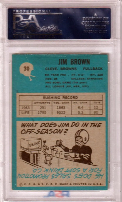 Vintage Jim Brown 1964 Philadelphia HOF #30 PSA 7 NM trading card in protective holder