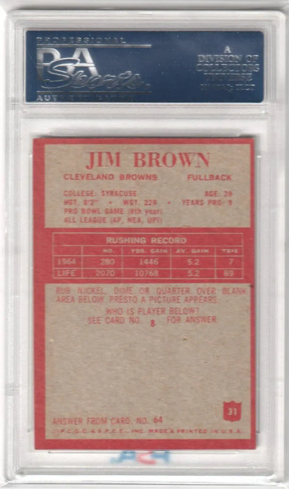 Vintage Jim Brown Cleveland Browns football card in protective case from Columbia Hobby