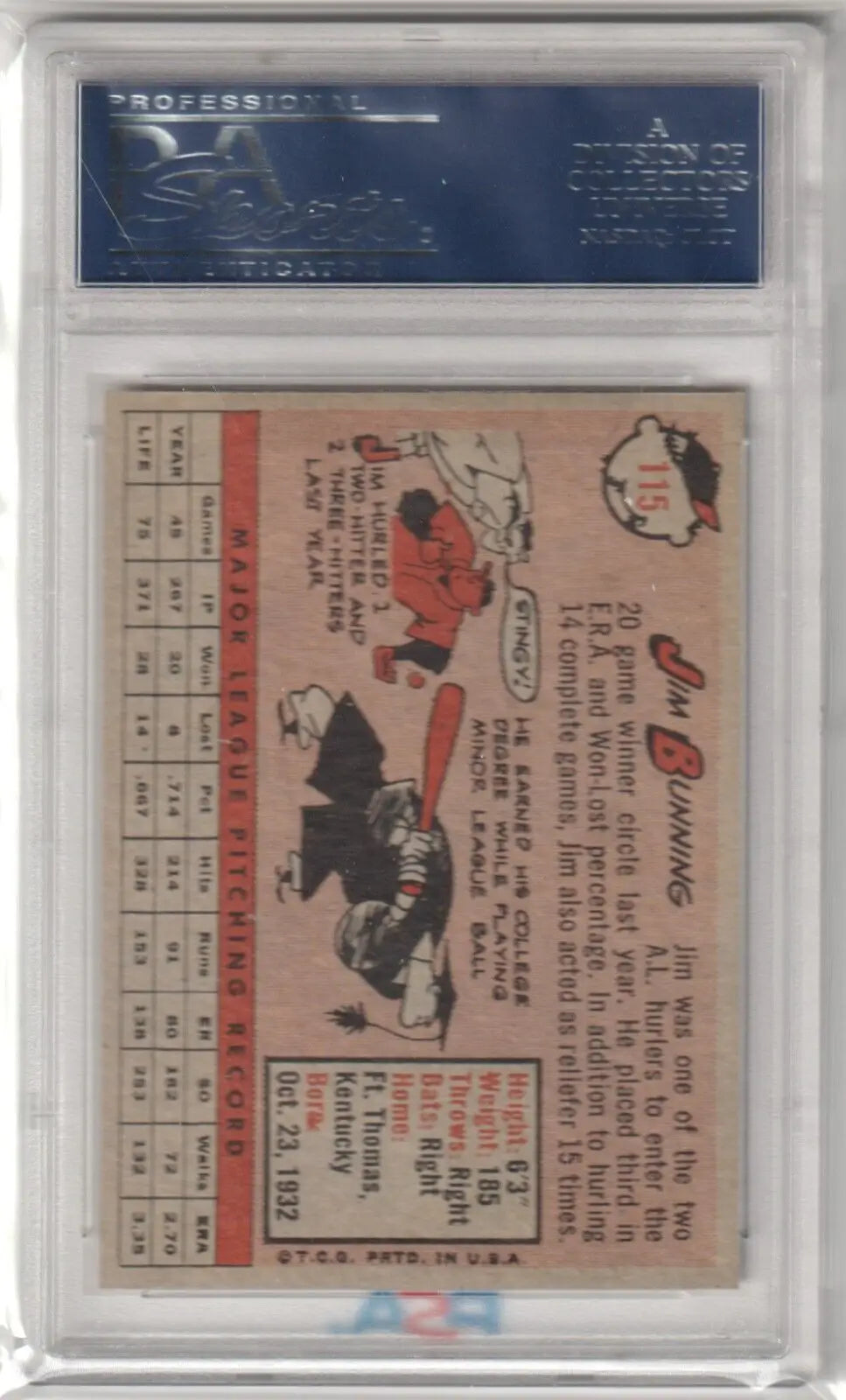 Vintage JIM BUNNING 1958 Topps #115 PSA 7 NM baseball card in protective holder, Columbia Hobby