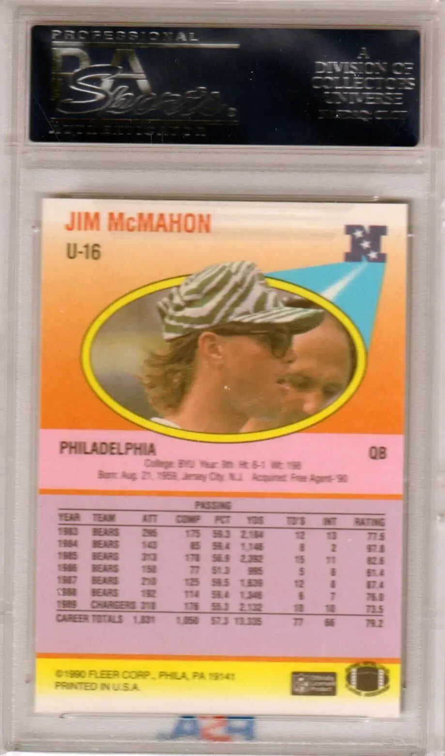 Jim McMahon 1990 Fleer Update single card in PSA 10 case with statistics, Columbia Hobby