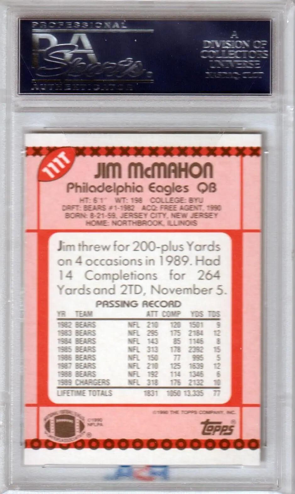 PSA 10 Jim McMahon 1989 football trading card for Philadelphia Eagles single cards