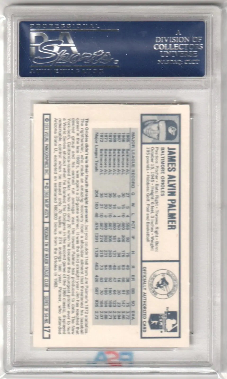 PSA-graded JIM PALMER 1973 Kellogg’s card in plastic holder from Columbia Hobby with free shipping