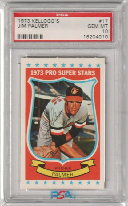 PSA 10 Gem Mint Jim Palmer 1973 Kellogg’s Pro Super Stars baseball card, Columbia Hobby