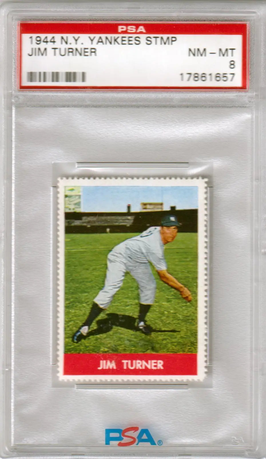 PSA-graded 1944 New York Yankees baseball stamp of Jim Turner pitching from Columbia Hobby