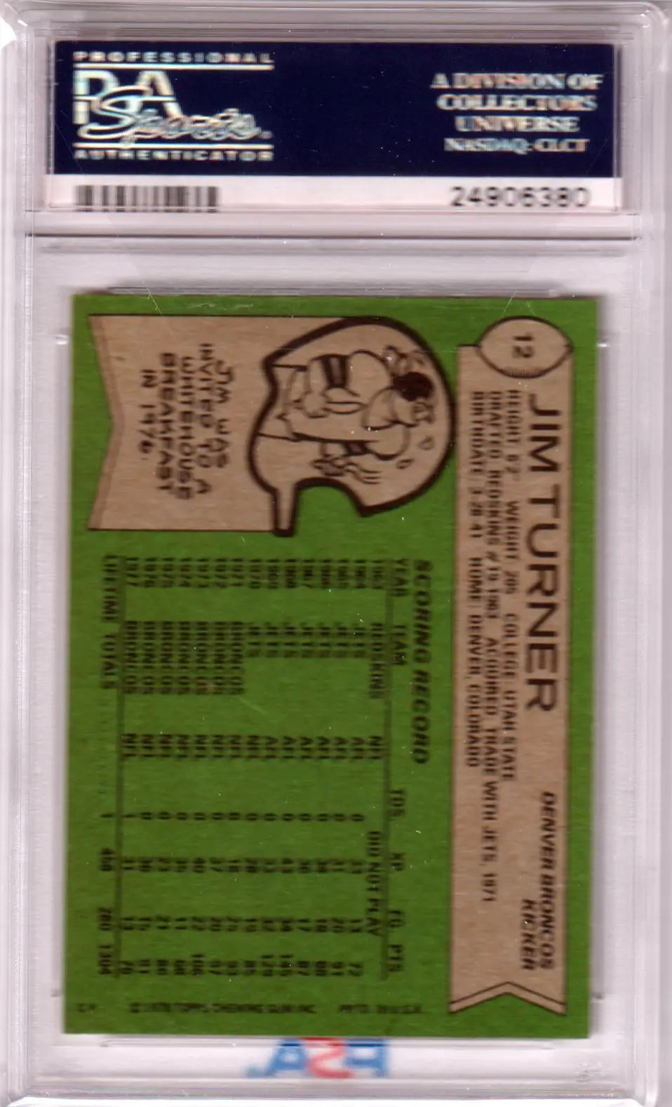 PSA-graded vintage baseball card back of Jim Turner 1978 Topps #12 with statistics