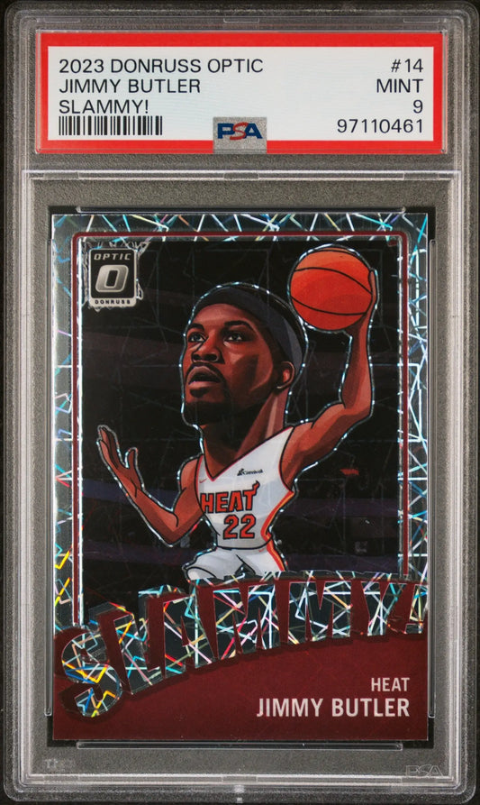 PSA 9 Mint Jimmy Butler 2023 Donruss Optic Slammy basketball card in white jersey