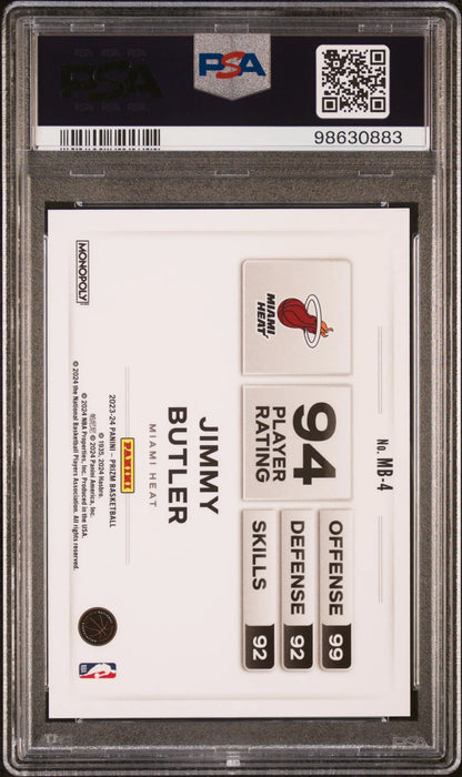 PSA 10 Gem Mint Jimmy Butler 2023 Prizm Monopoly Money Blast card back with stats