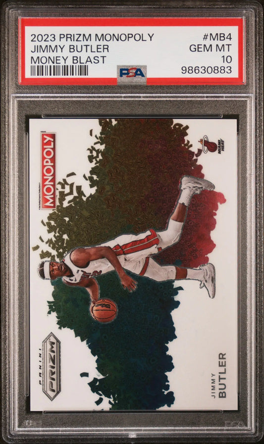 PSA 10 Jimmy Butler 2023 Prizm Monopoly Money Blast card in dribbling pose with smoke effect