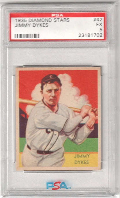 PSA-graded 1935 Diamond Stars Jimmy Dykes baseball card in White Sox uniform at Columbia Hobby