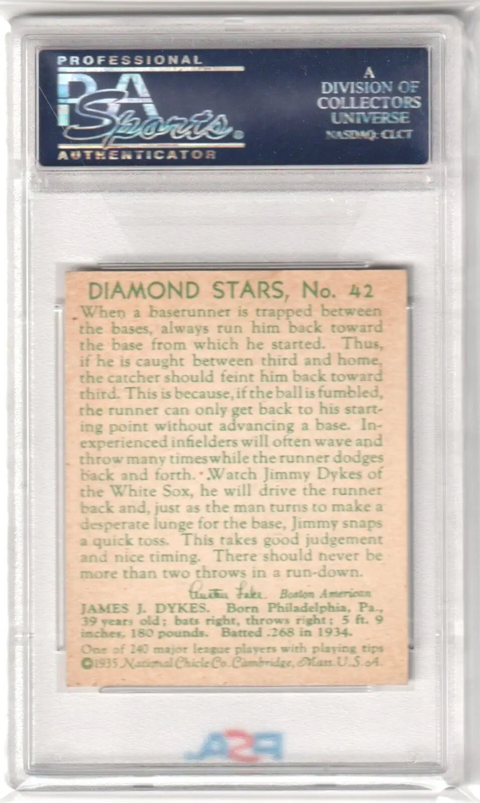 Vintage Jimmy Dykes 1935 Diamond Stars #42 PSA 5 EX Baseball Card in Holder for Sale