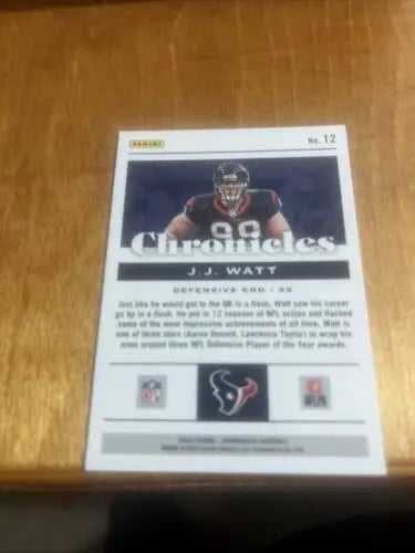 J.J. Watt 2022 Panini Chronicles trading card featuring Houston Texans memorabilia