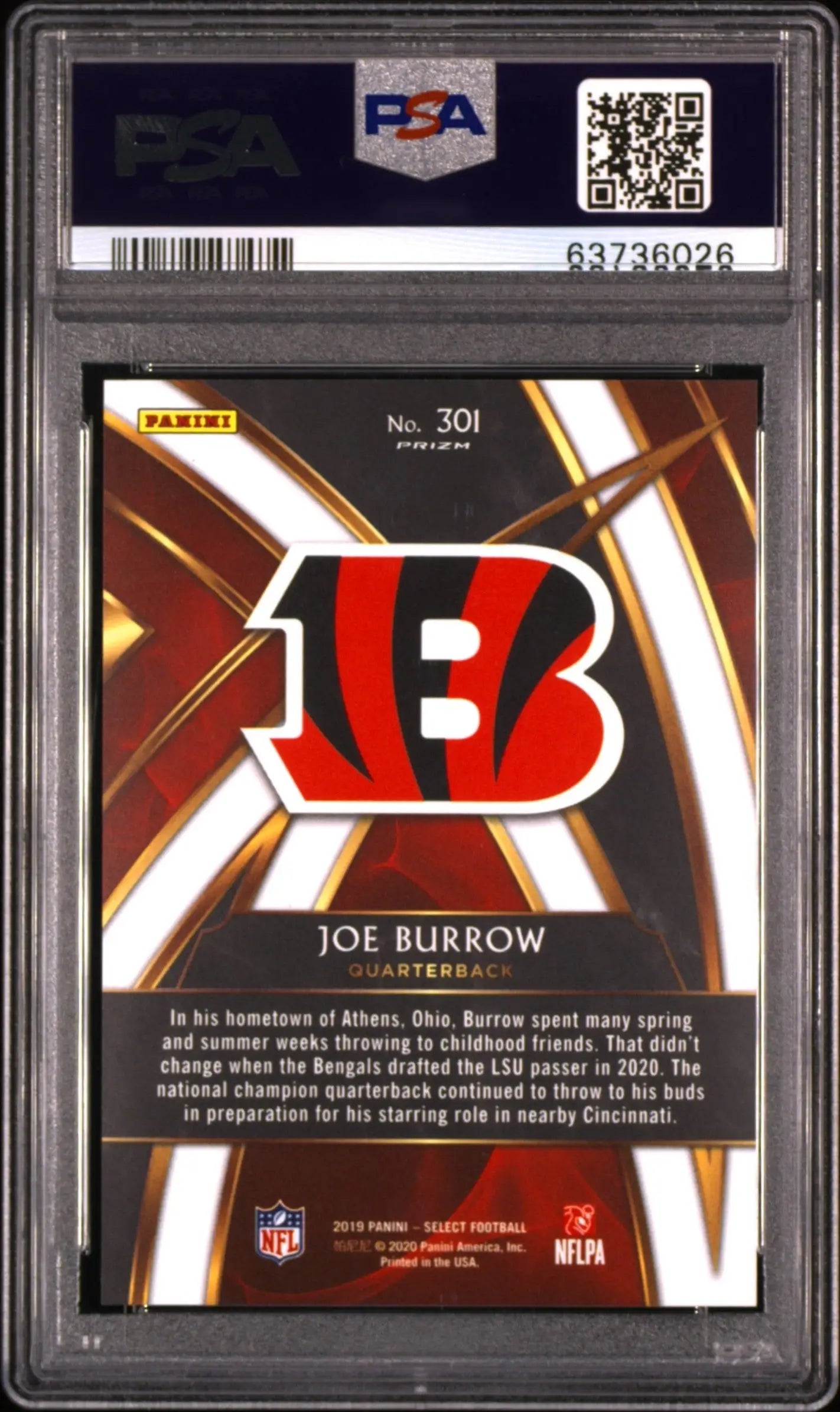 PSA-graded Joe Burrow 2019 Panini Select XRC card with Bengals logo displayed