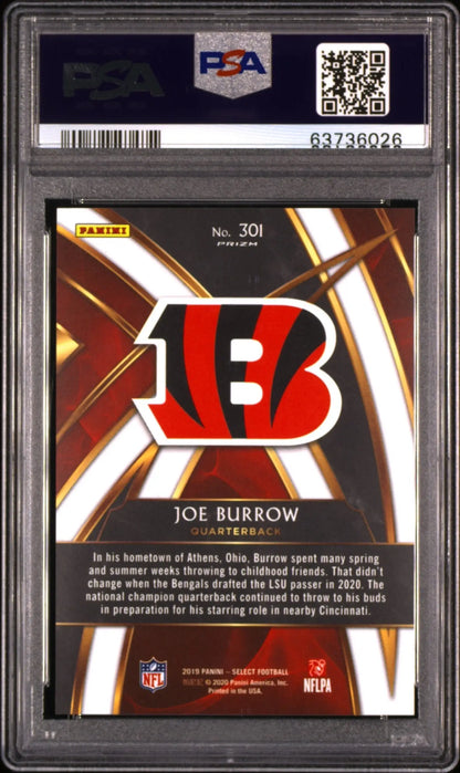 PSA-graded Joe Burrow 2019 Panini Select XRC card with Bengals logo displayed