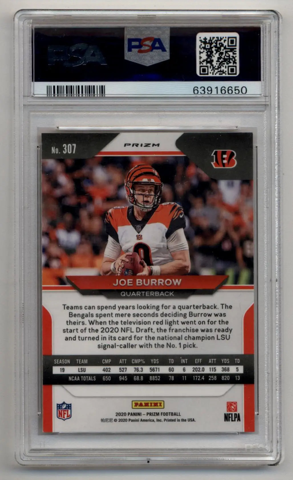 PSA-graded Joe Burrow 2020 Chronicles Prizm Black Silver football card in mint condition