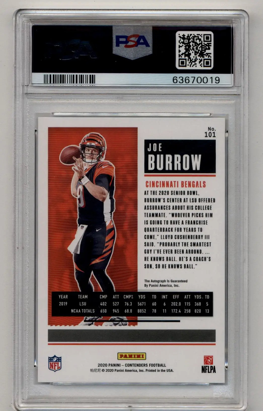 Joe Burrow 2020 Contenders Wild Card Auto #101 PSA 9 Mint on red background