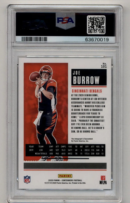 Joe Burrow 2020 Contenders Wild Card Auto #101 PSA 9 Mint on red background