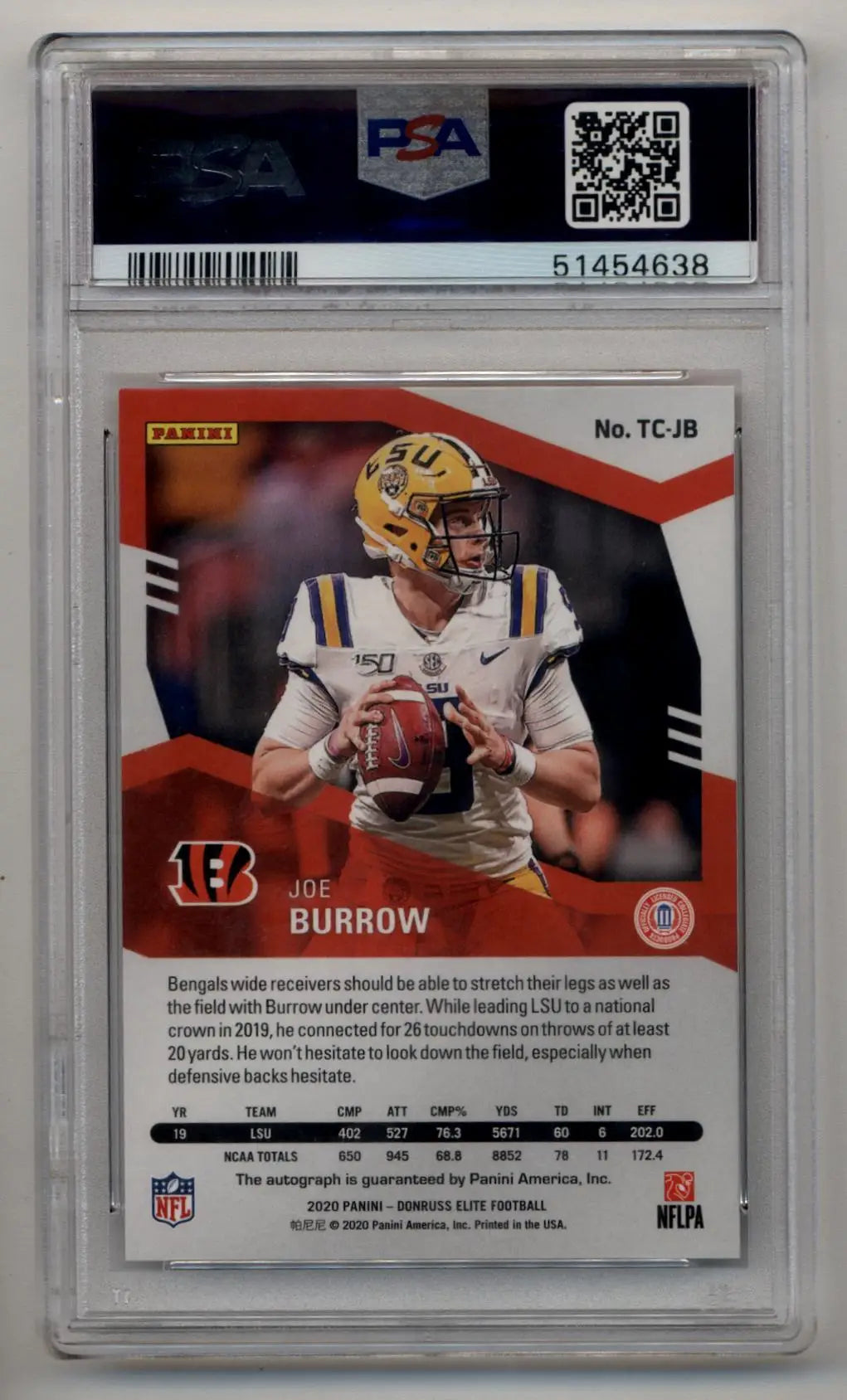 PSA-graded Joe Burrow 2020 Donruss Elite Turn of the Century football trading card