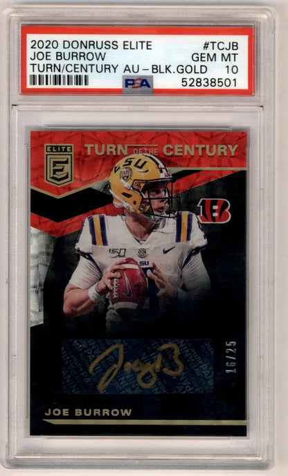 PSA 10 Joe Burrow 2020 Donruss Elite Turn of the Century Black Gold Auto card 14/15