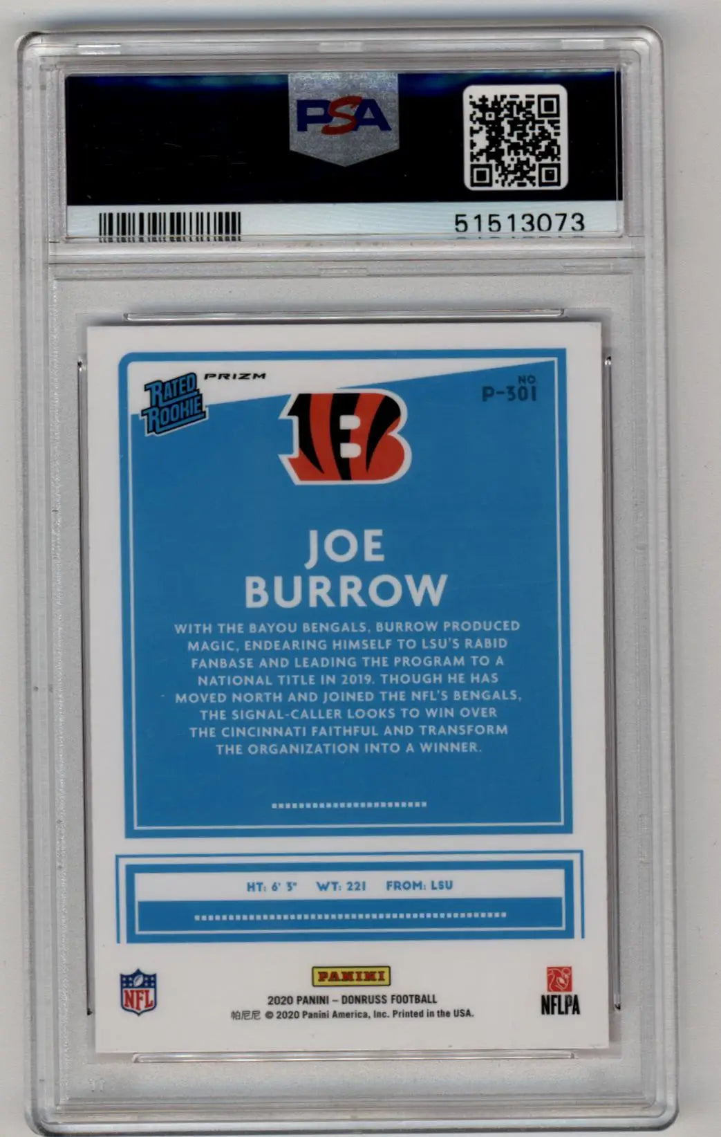 PSA-graded Joe Burrow 2020 Donruss Optic Preview Pink card back with Bengals colors