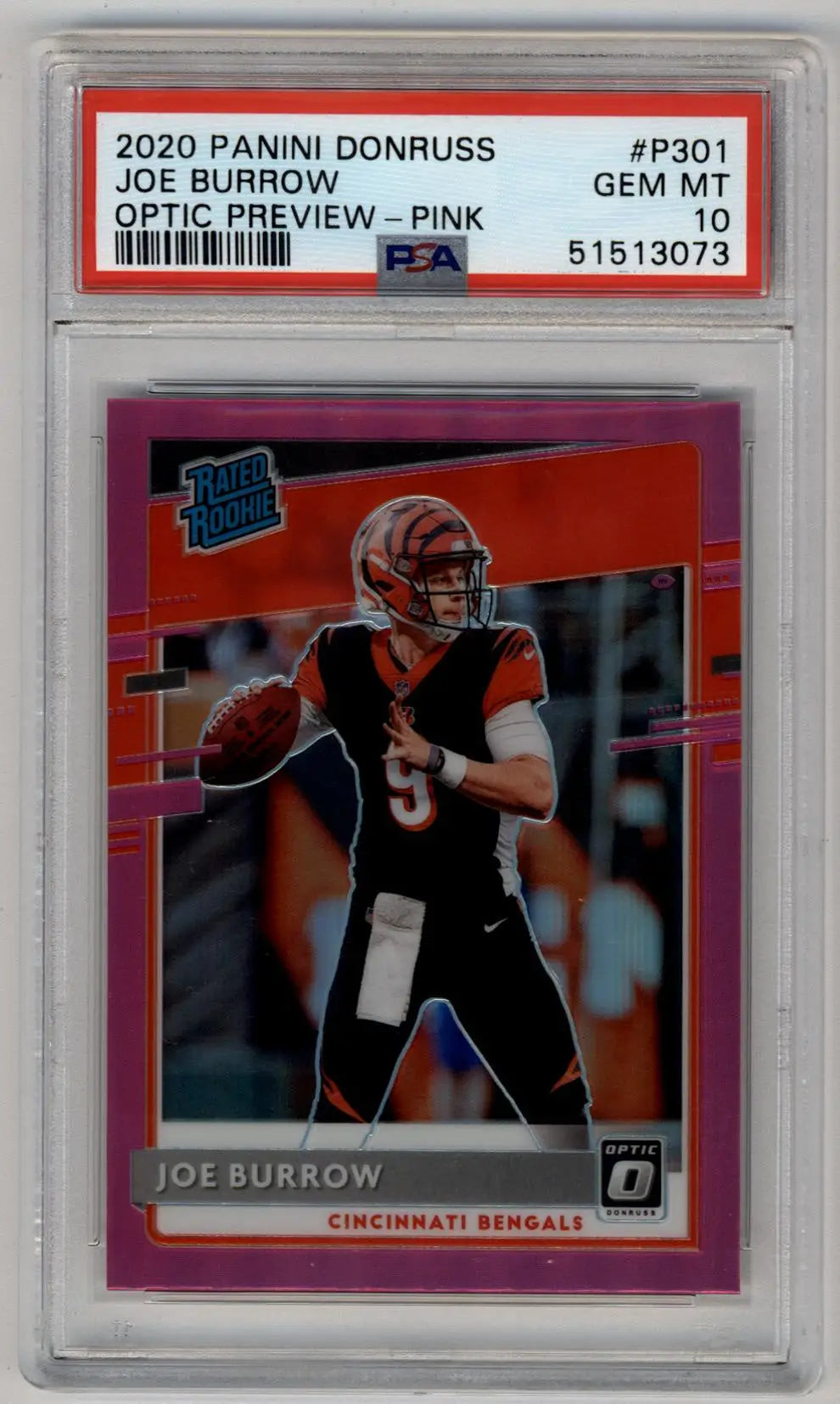 PSA 10 Gem Mint Joe Burrow 2020 Donruss Optic Preview Pink rookie card in Bengals uniform