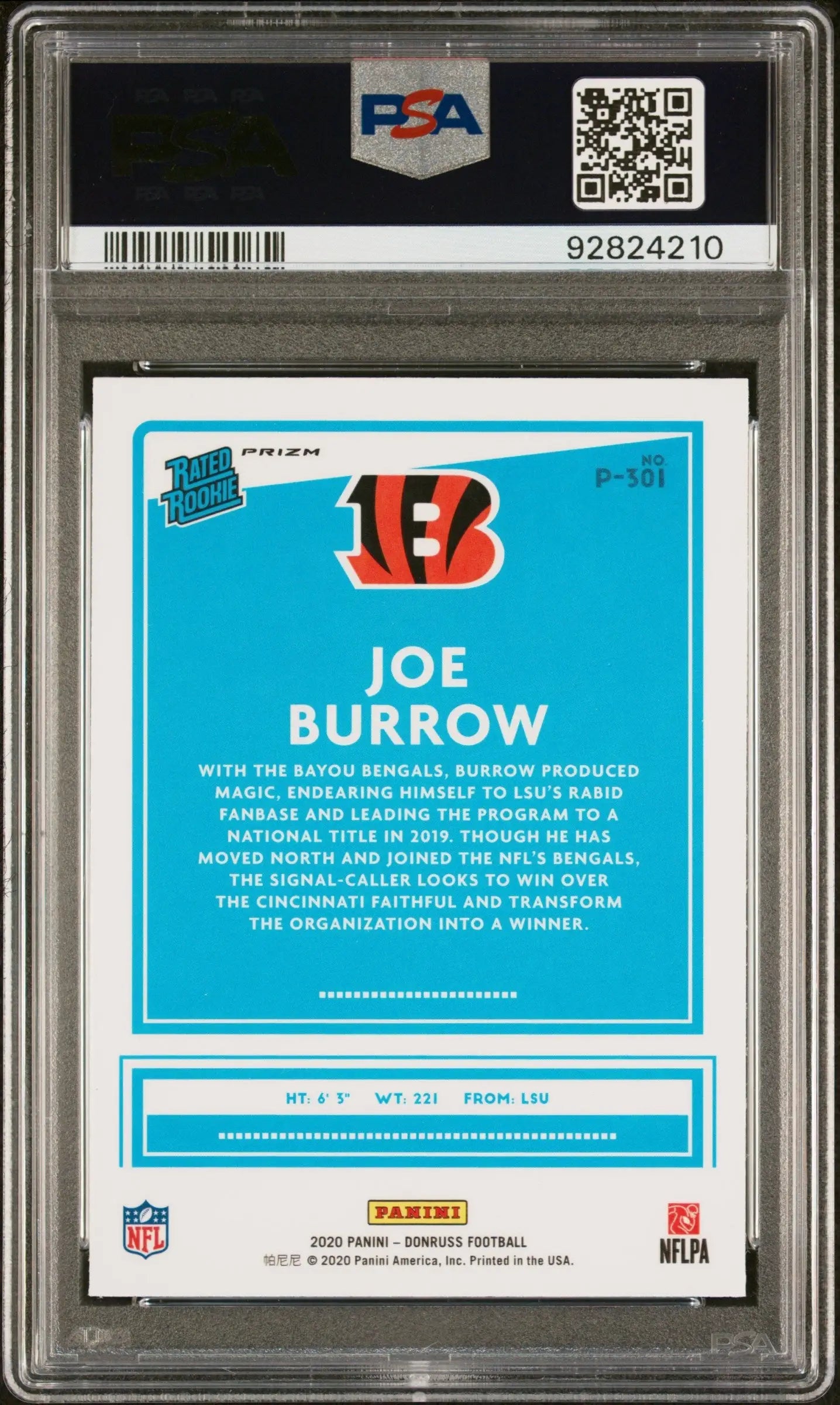 PSA 10 Gem Mint Joe Burrow 2020 Donruss Optic Preview card with Bengals logo