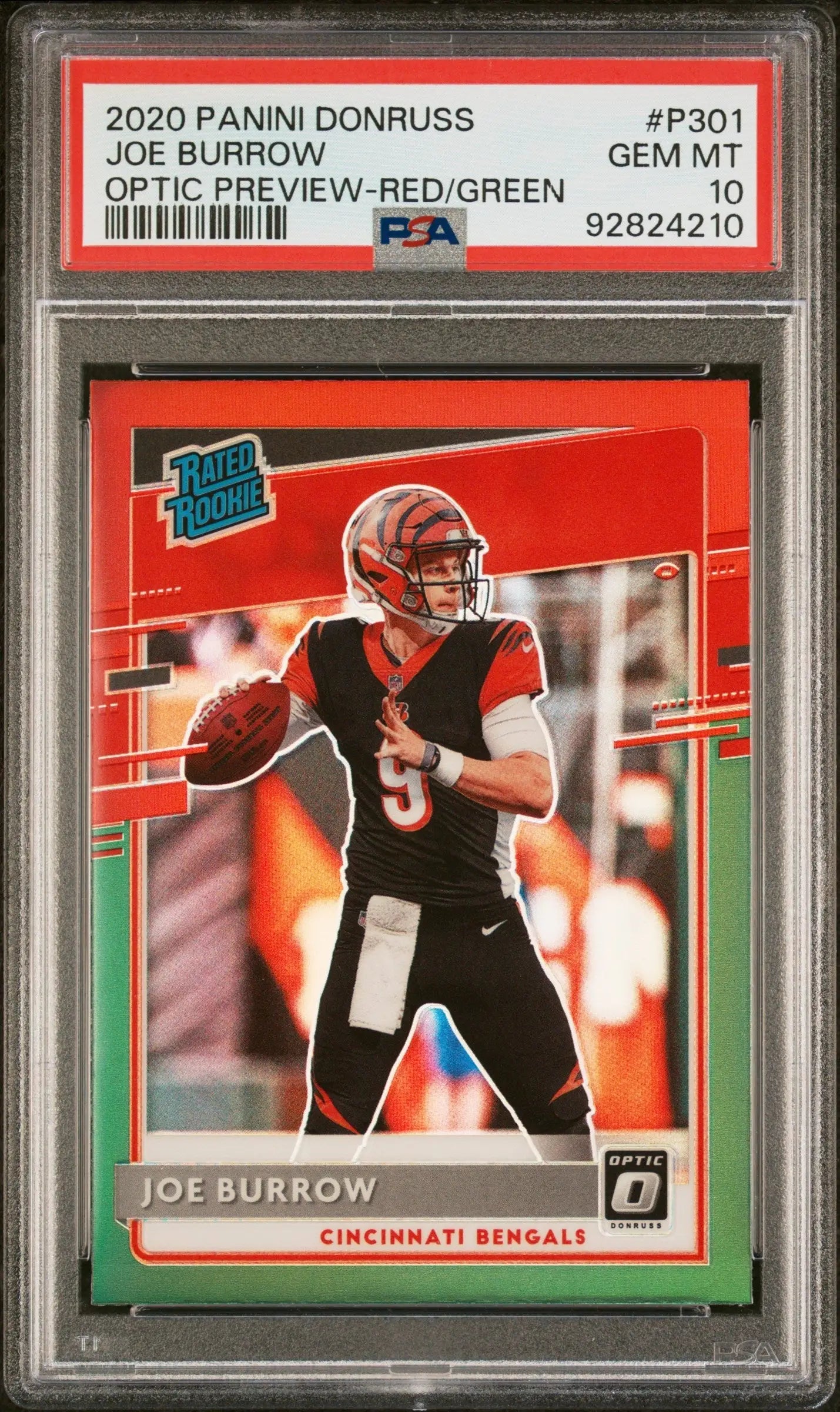 Joe Burrow 2020 Donruss Optic Preview Red + Green Holo PSA 10 Gem Mint rookie card