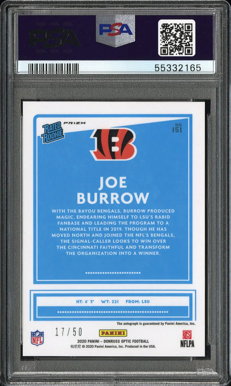 PSA-graded Joe Burrow Donruss Optic Rookie #151 card with Cincinnati Bengals logo 37/50