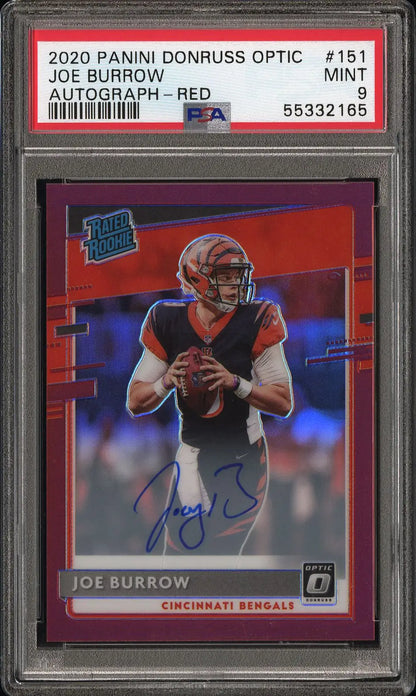 PSA 9 Mint Joe Burrow 2020 Donruss Optic Rookie #151 Red Auto in mint condition