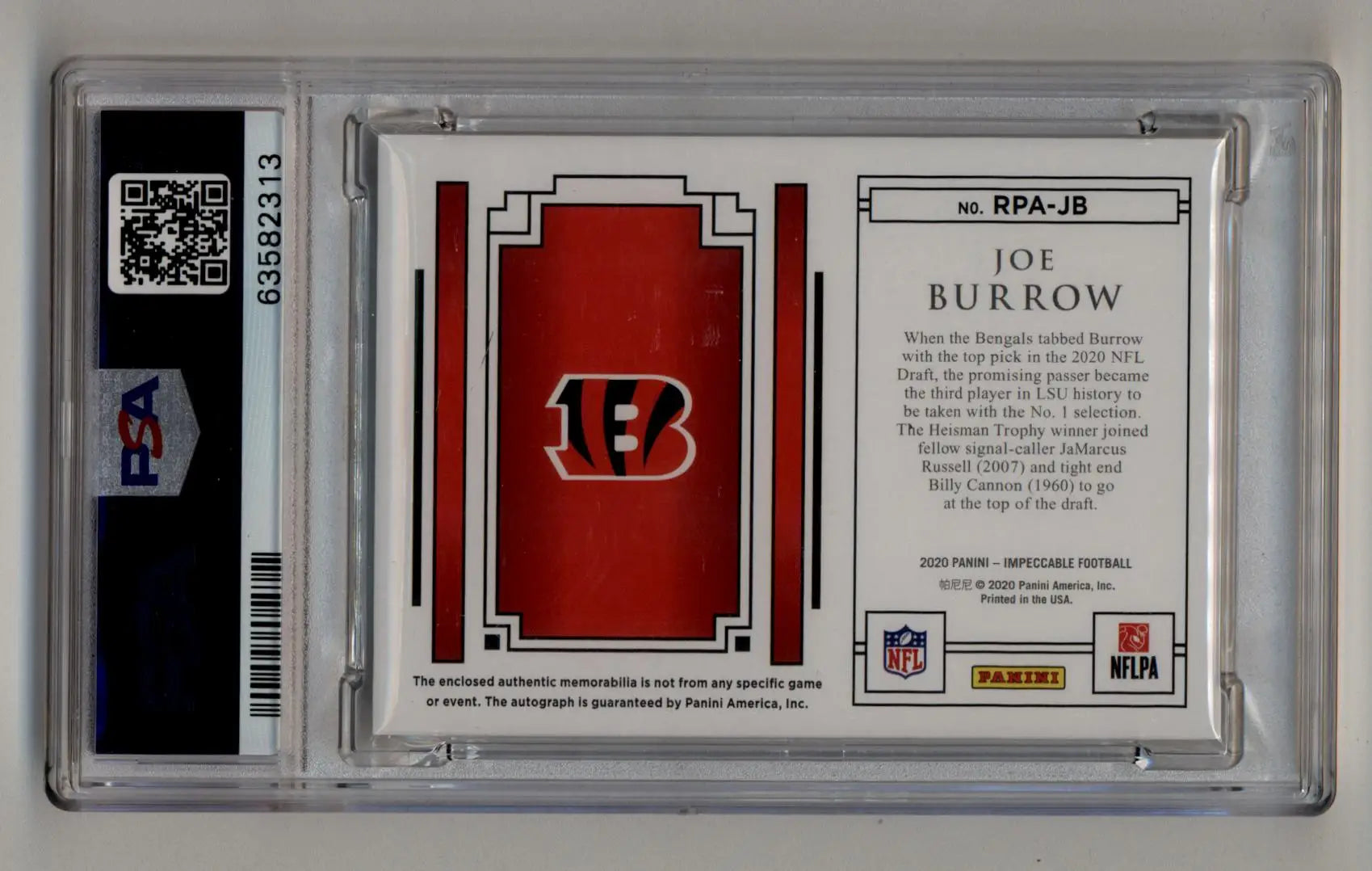 Graded Joe Burrow 2020 Impeccable Rookie Patch Auto Silver 08/10 in protective case