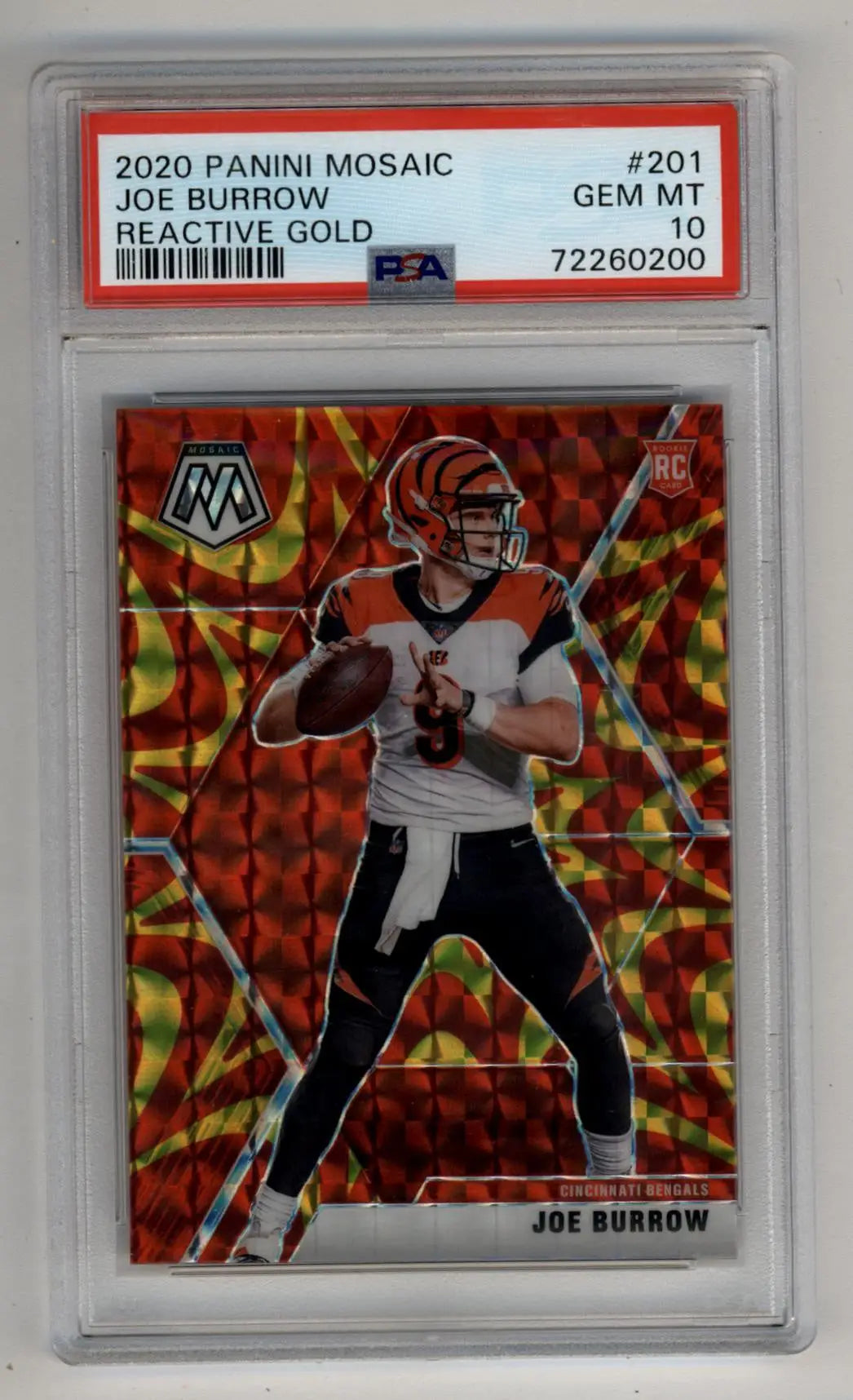 Joe Burrow 2020 Mosaic Reactive Gold #201 PSA 10 football card in vibrant orange and red