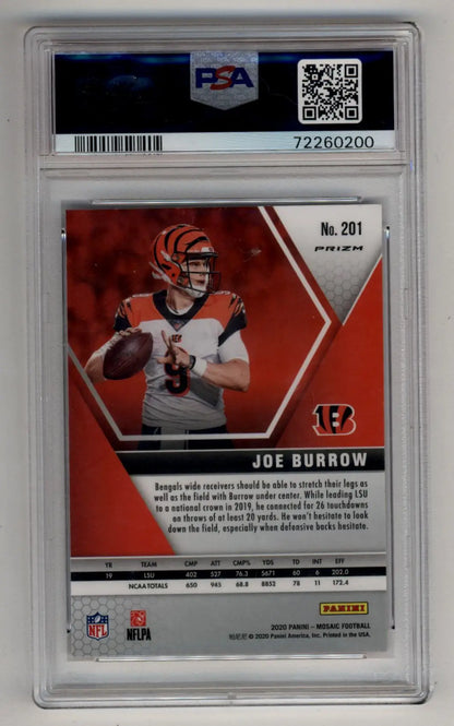 PSA-graded Joe Burrow 2020 Mosaic Reactive Gold #201 trading card in red design