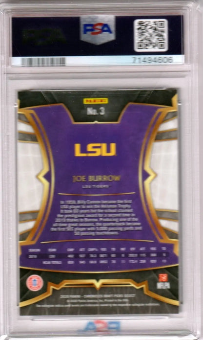 Back side of PSA-graded Joe Burrow LSU football card with purple and gold colors