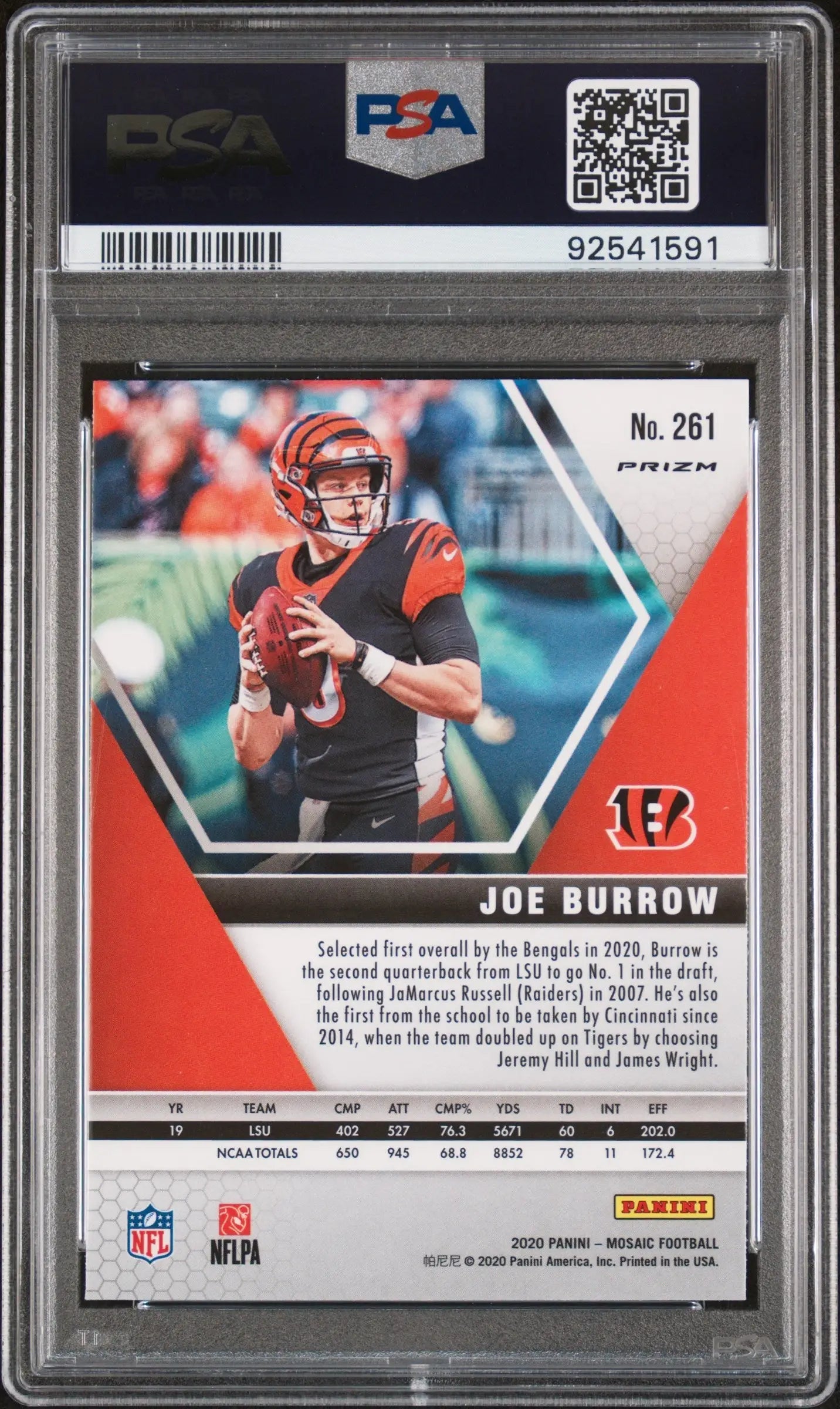 Joe Burrow 2020 Panini Mosaic Reactive Gold trading card in PSA 10 Gem Mint condition