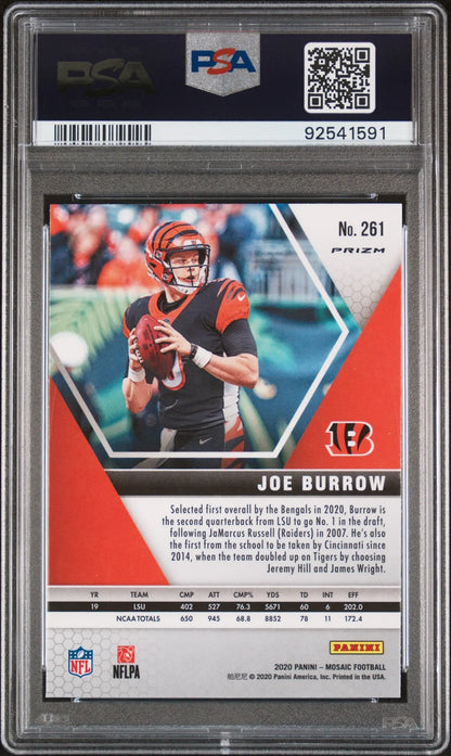 Joe Burrow 2020 Panini Mosaic Reactive Gold trading card in PSA 10 Gem Mint condition