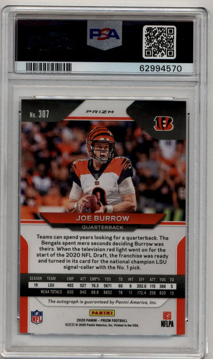 PSA-graded Joe Burrow 2020 Panini Prizm Rookie Auto football card in orange uniform