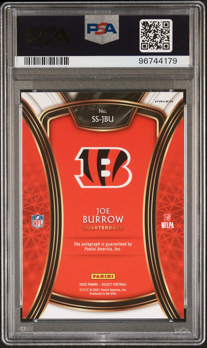 PSA-graded Joe Burrow 2020 Panini Select Signatures Prizm Auto football card in orange and black