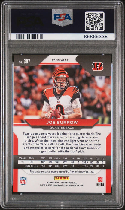 PSA-graded Joe Burrow 2020 Prizm Auto RC card showcasing Cincinnati Bengals quarterback in action