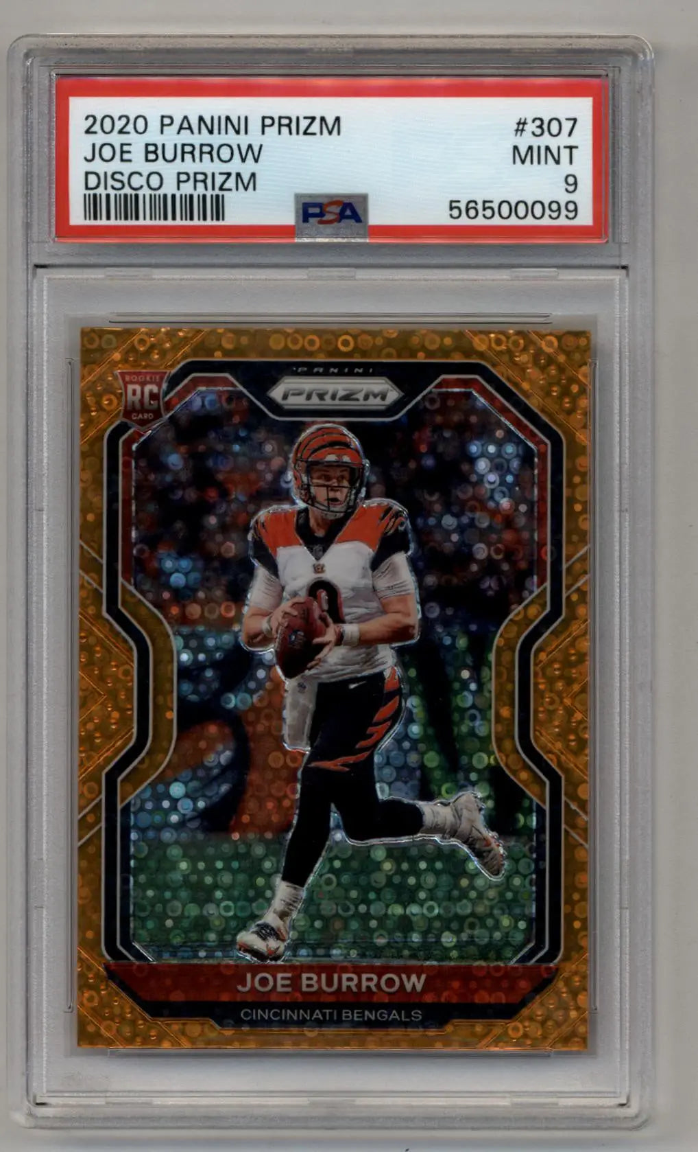 PSA-graded Joe Burrow 2020 Prizm Disco football card in Bengals uniform for trading cards