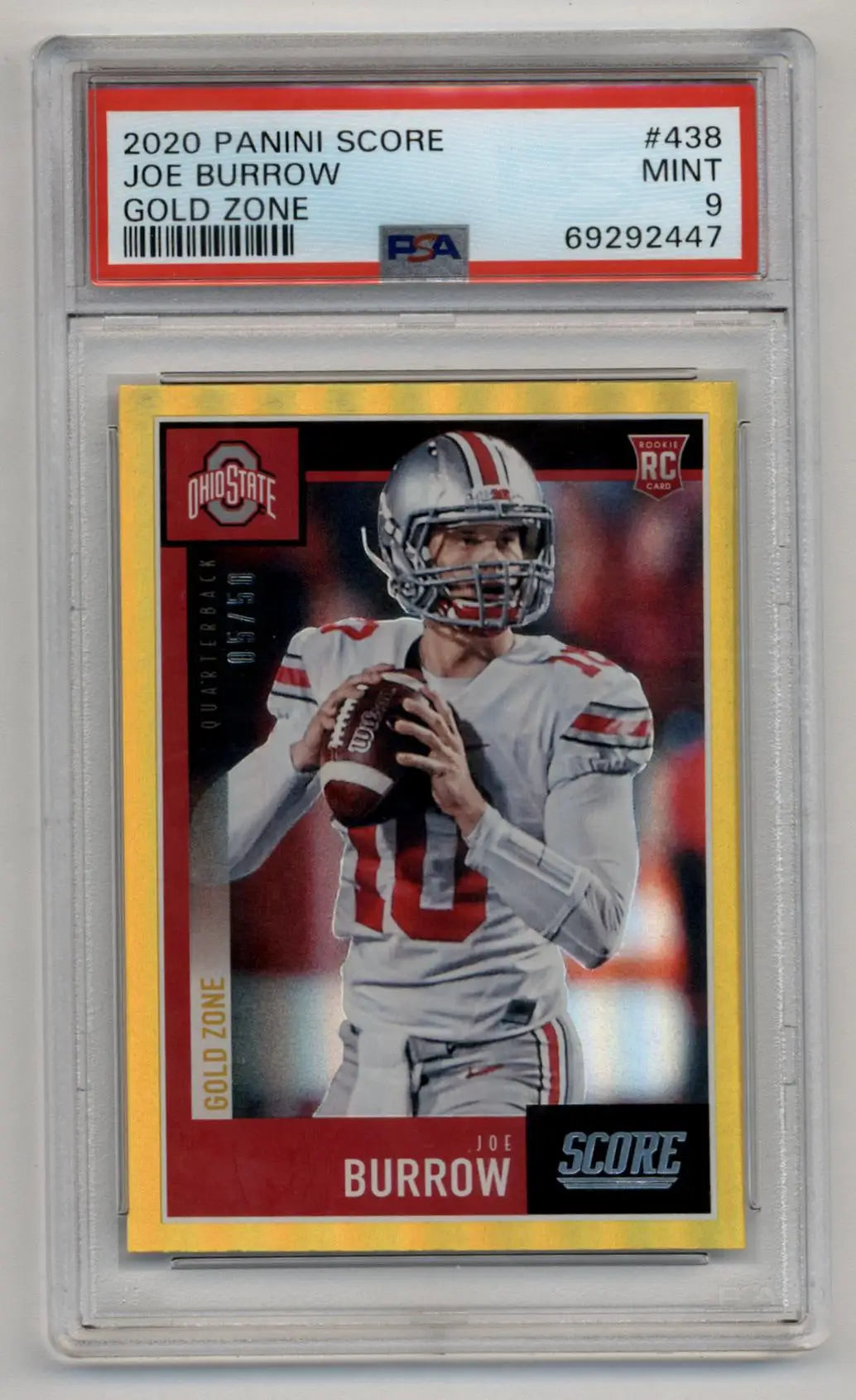 Joe Burrow 2020 Score Gold Zone #438 05/50 in PSA 9 Mint protective case