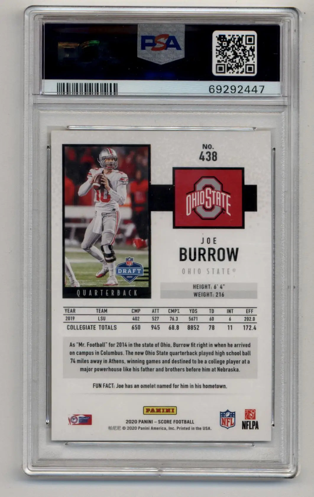 PSA-graded Joe Burrow 2020 Score Gold Zone #438 football trading card in white uniform