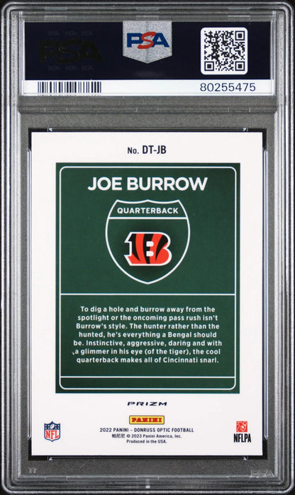 Joe Burrow 2022 Donruss Optic Downtown PSA 10 Gem Mint NFL trading card with Bengals logo