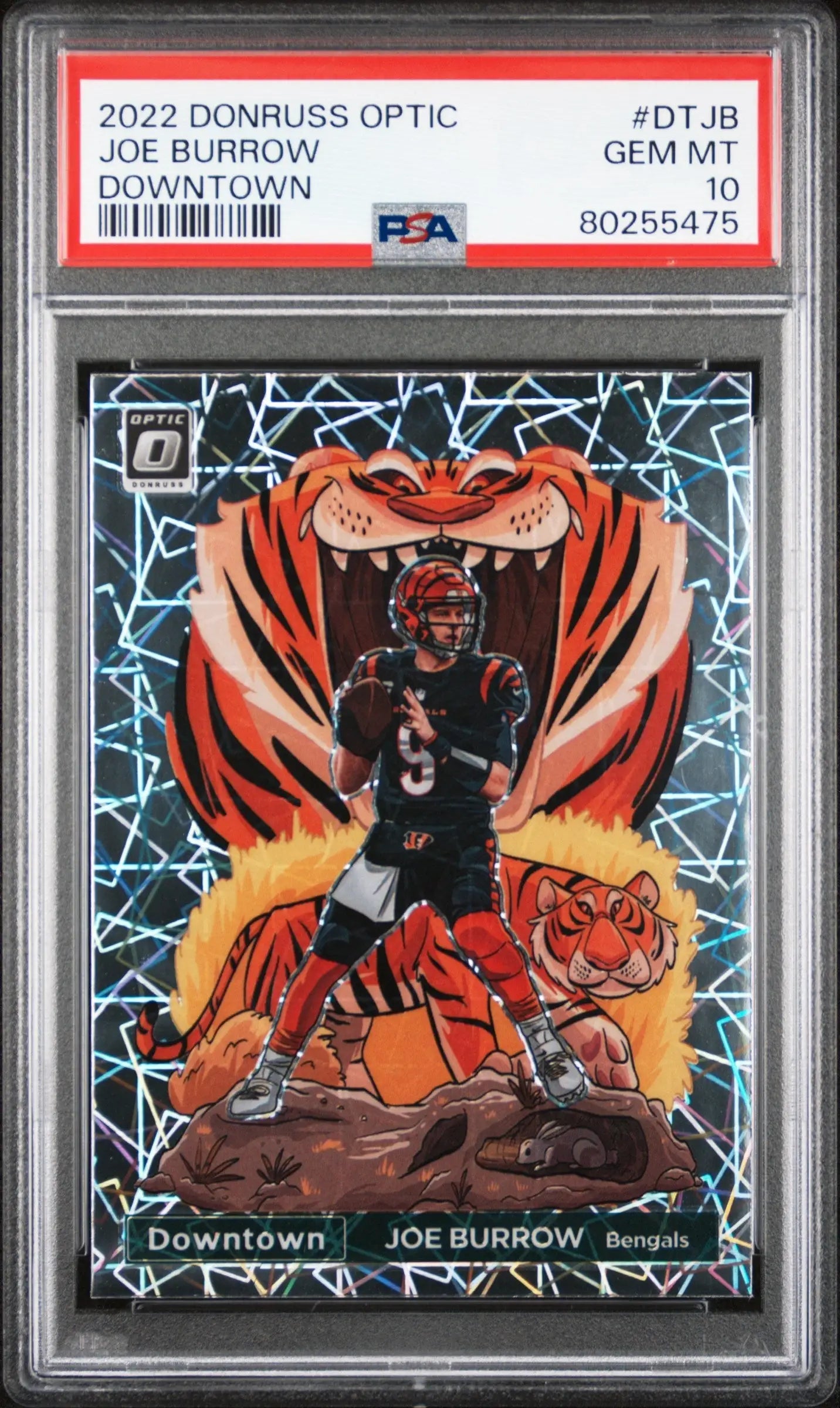 Joe Burrow 2022 Donruss Optic Downtown PSA 10 Gem Mint football card with tiger design