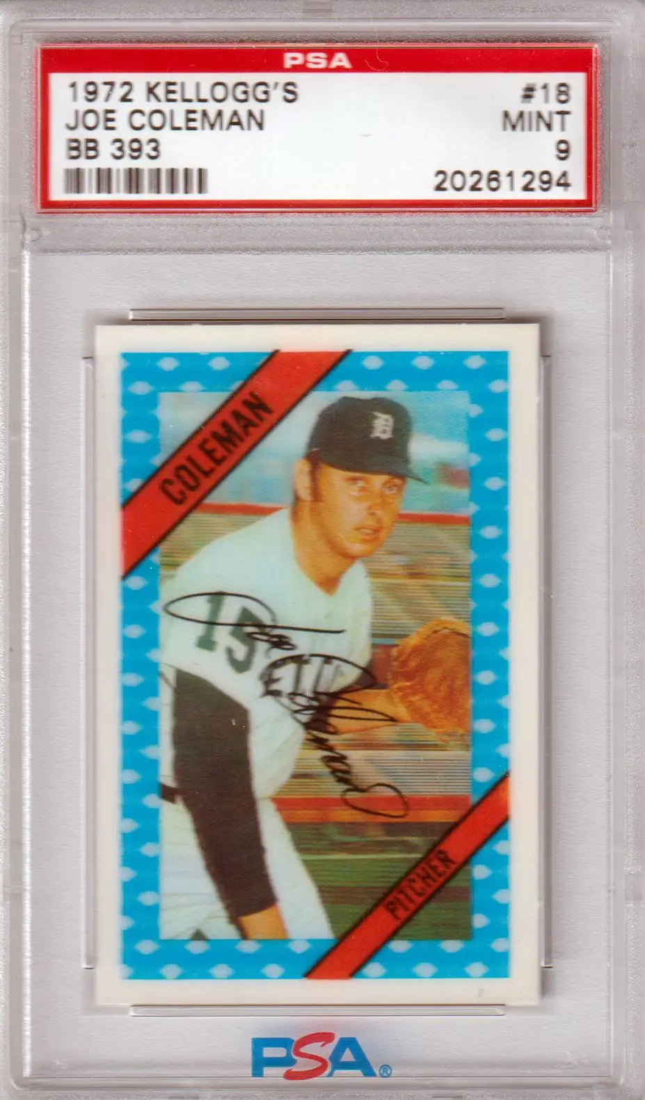 PSA-graded 1972 Kellogg’s Joe Coleman baseball card in blue border, Columbia Hobby