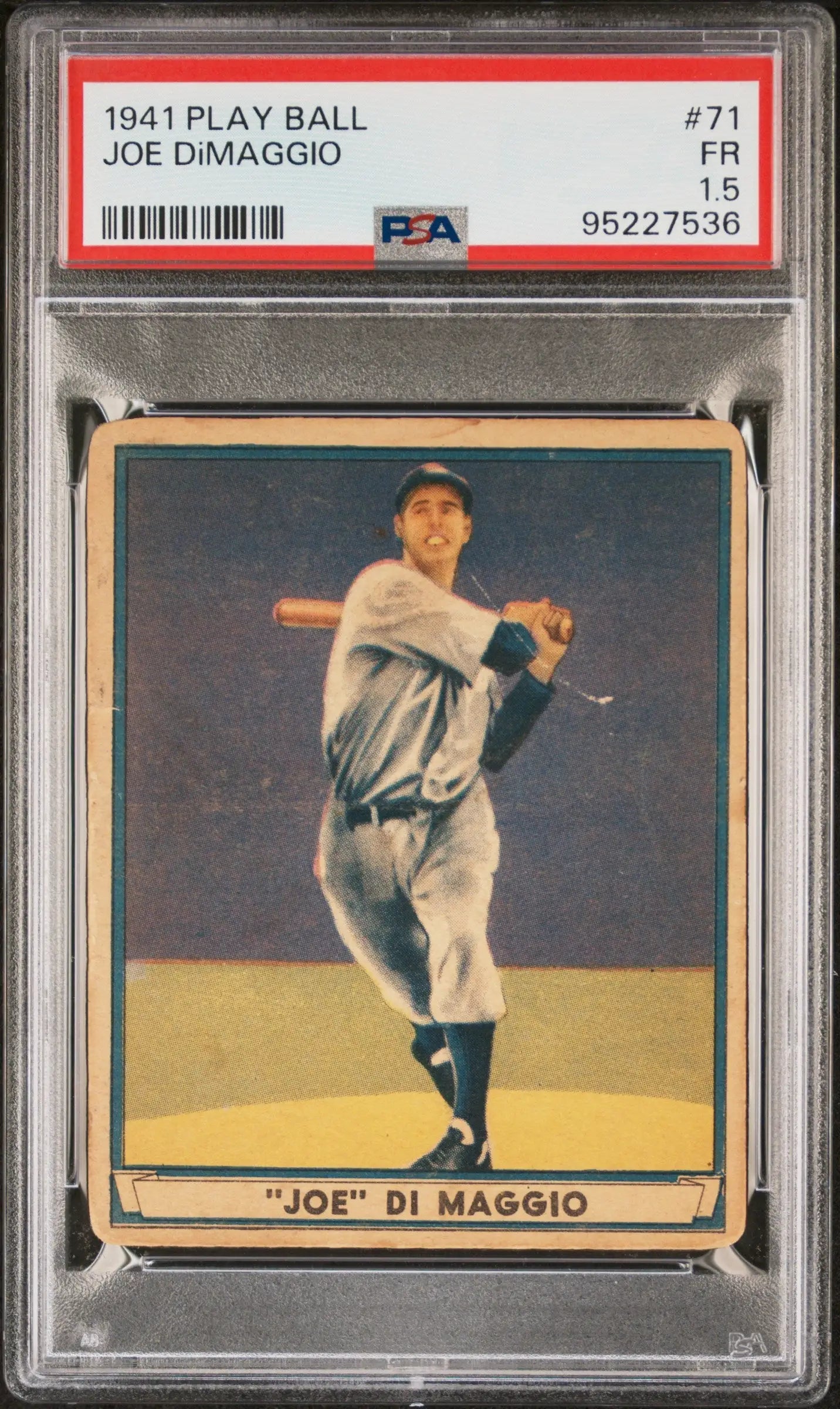 PSA-graded 1941 Play Ball trading card of Joe DiMaggio in a Yankees batting stance